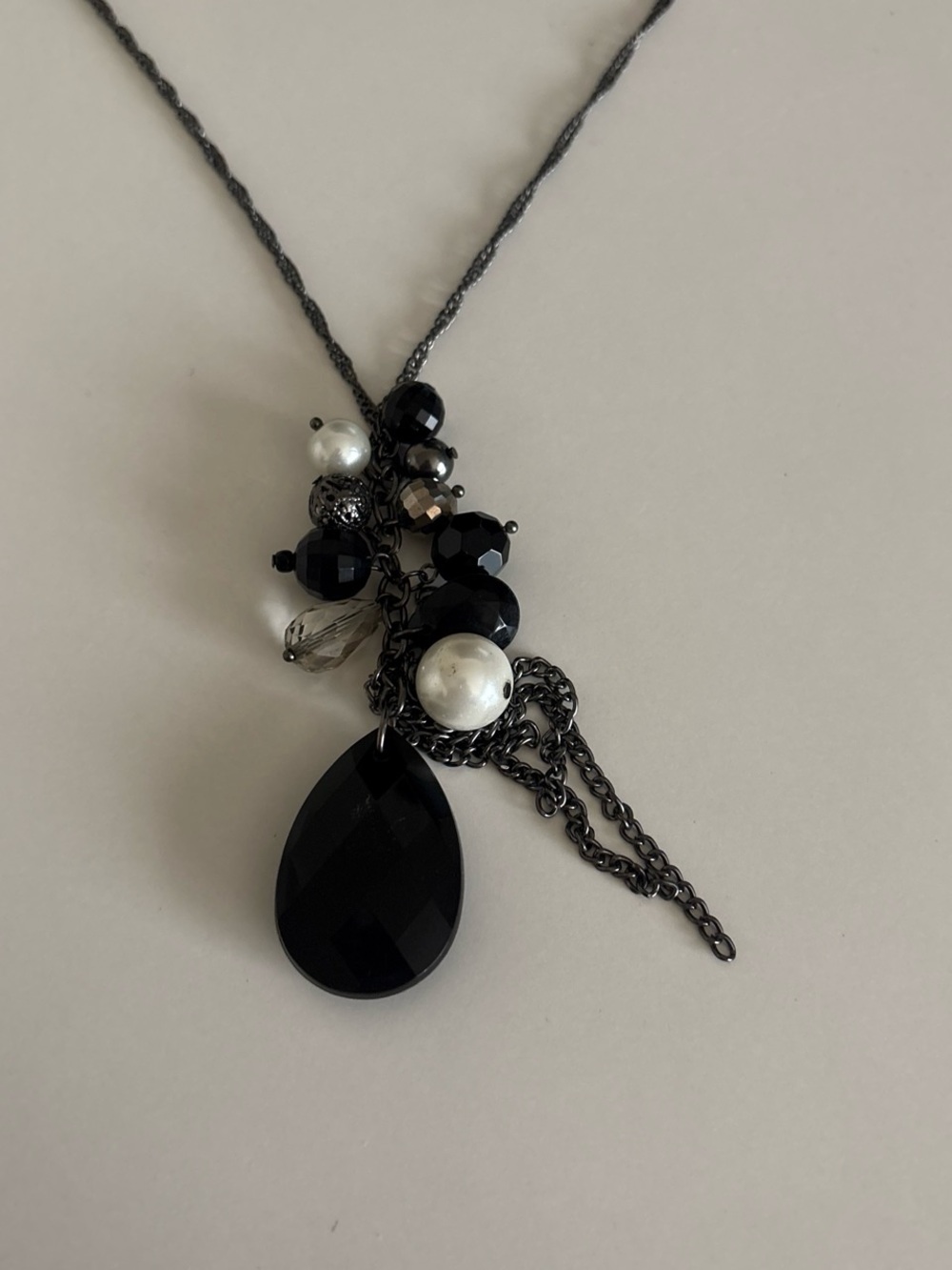 Black Gunmetal Statement Necklace with Faceted Teardrop Pendant 19” Boho Glam